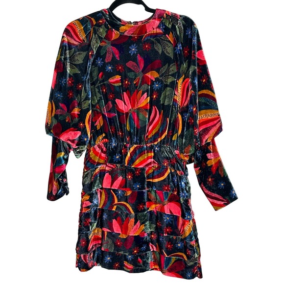 FARM Rio Dresses & Skirts - FARM Rio Velvet Banana Sky Floral Mini Dress‎ Tiered Long Sleeve Size Small